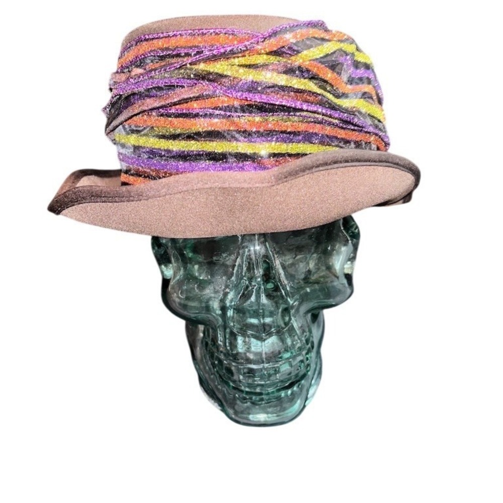 Vintage Fedora Hat Womens OS Brown Metallic Ribbon Band Halloween steampunk